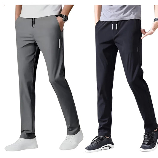 Two pairs of pants, one gray and one black, on a white background.